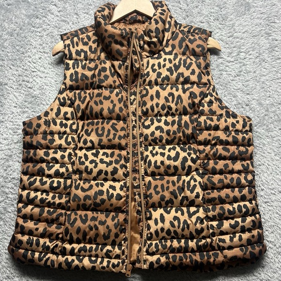 Lands End Vest Womens XL 18 Tan Brown Cheetah Animal Down Puffer Full Zip Jacket - Picture 4 of 10